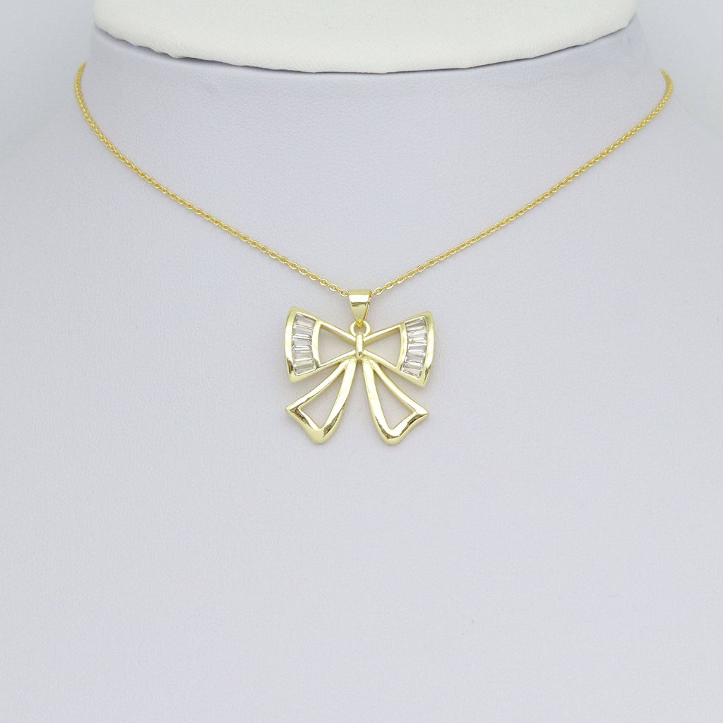 Baguette CZ Gold Bow Shape Charm Pendant, Sku#LX747-Bestbeads & Beyond