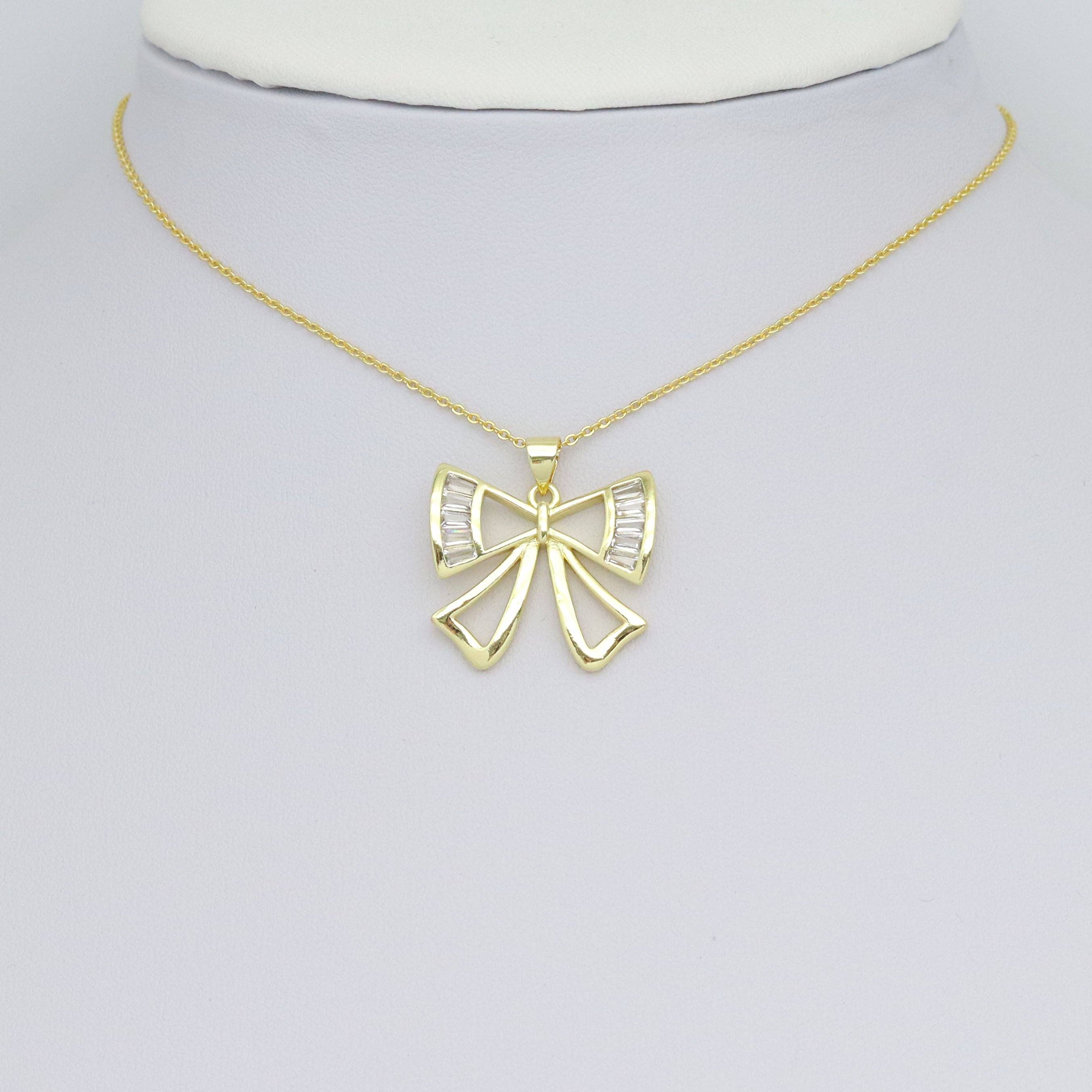 Baguette CZ Gold Bow Shape Charm Pendant, Sku#LX747-Bestbeads & Beyond