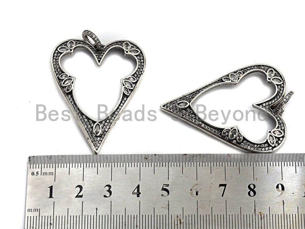 CZ Micro Pave Heart Hollow Out Pendant, Antique Silver Tone, Clear Cubic Zirconia Big Pave Heart Charm Pendant,35x46mm,sku#F1000C