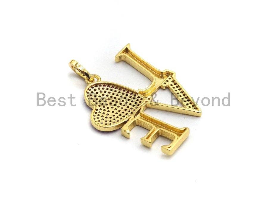 CZ Micro Pave Large Love Fuchsia Heart Pendant ,33x37mm, Cubic Zirconia Love Pave Pendant Beads, Pave Pendant, sku#F642