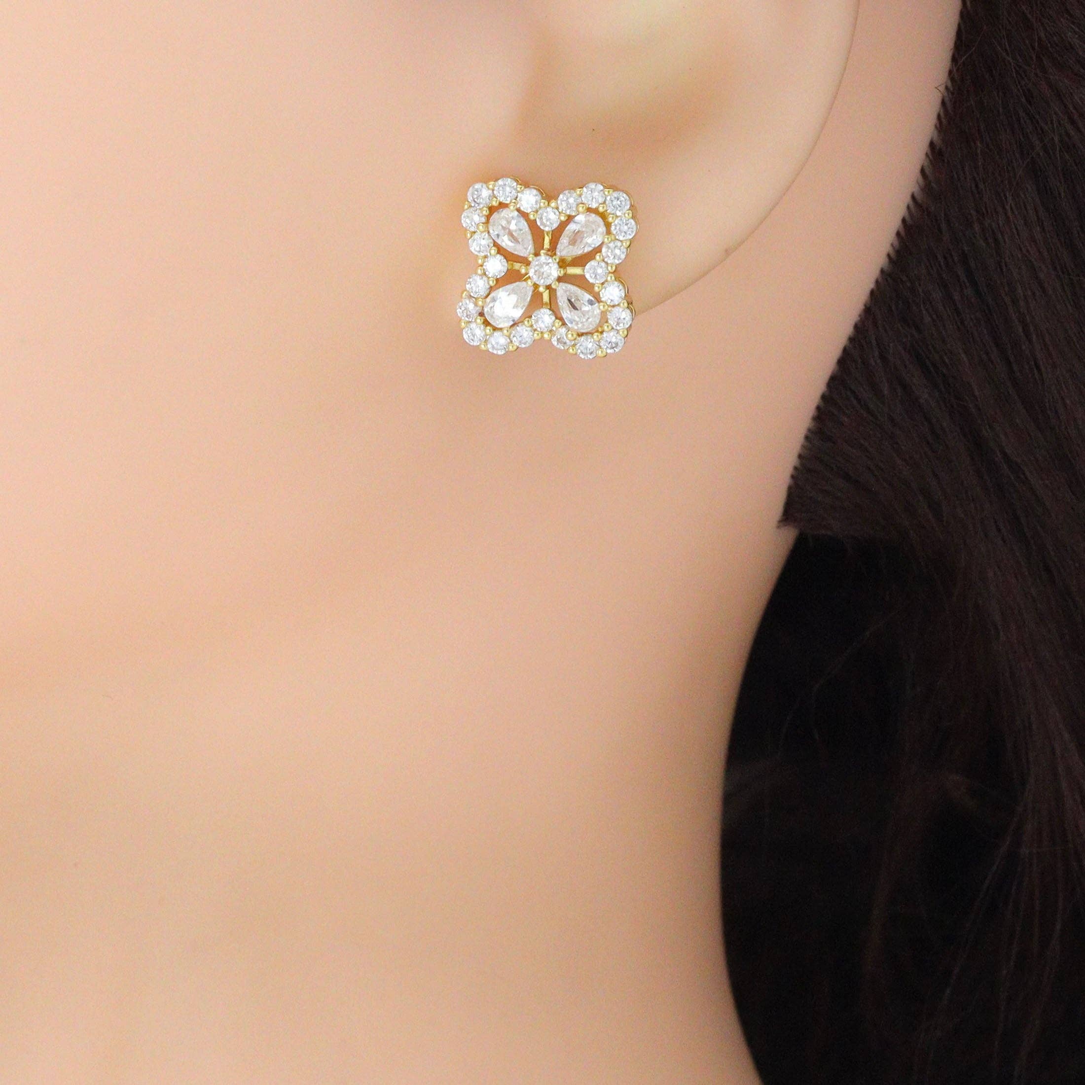 Clear CZ Gold Silver Clover Flower Shape Stud Earrings, Sku#LX824/LX714