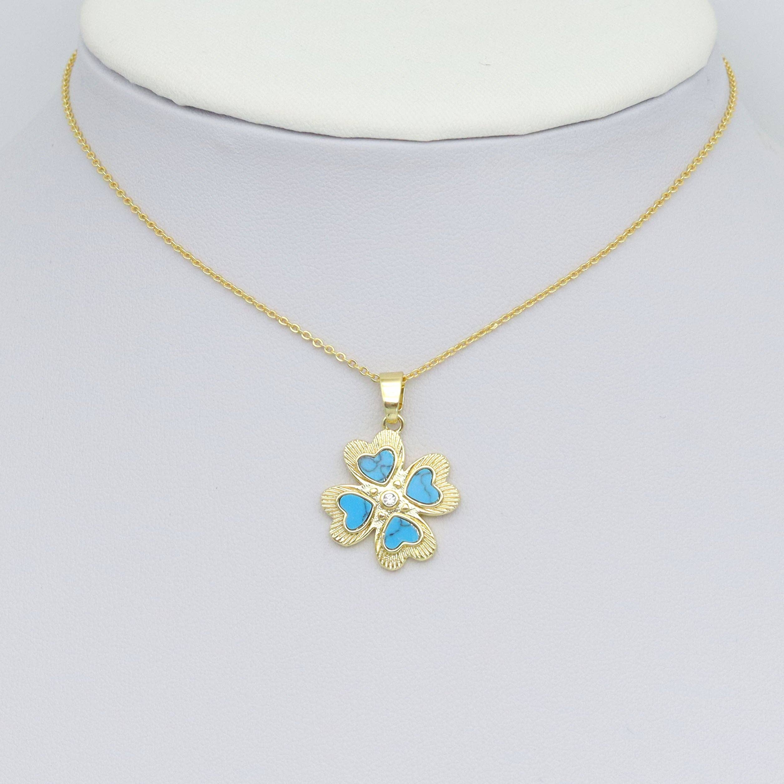 White Pearl Turquoise Stone Gold Clover Charm Pendant, Sku#LX761
