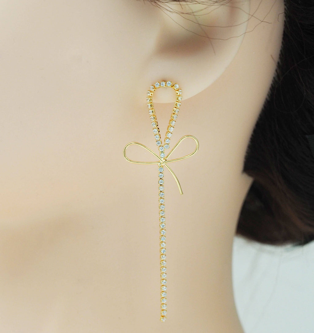 Gold Silver CZ Link Bowknot Long Dangle Stud Earrings, Sku#LX375