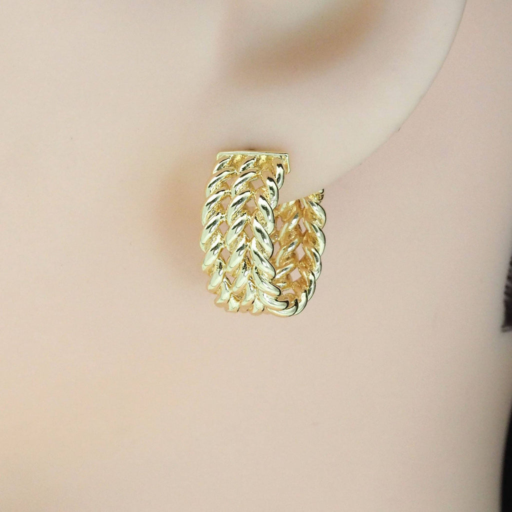 Gold Three Lines Wheat Flower patten hoop Earrings, Sku#ZX129