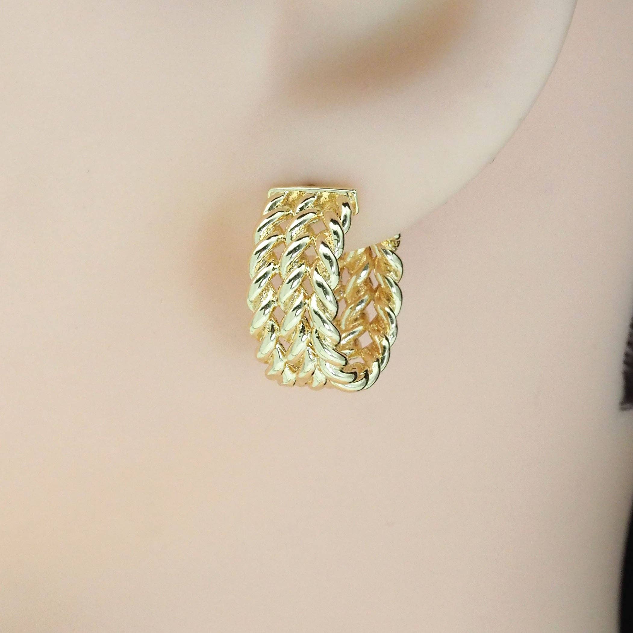 Gold Three Lines Wheat Flower patten hoop Earrings, Sku#ZX129