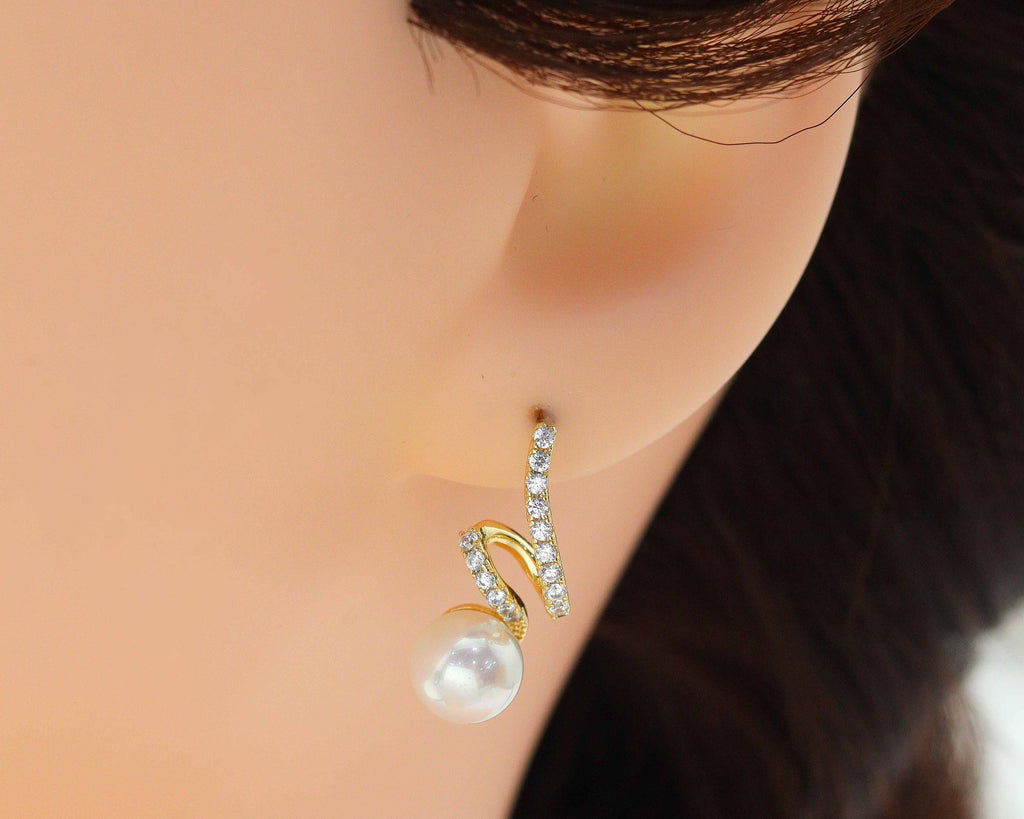 Pearl on Swirl Line CZ Stud Earrings, Sku#ZX79