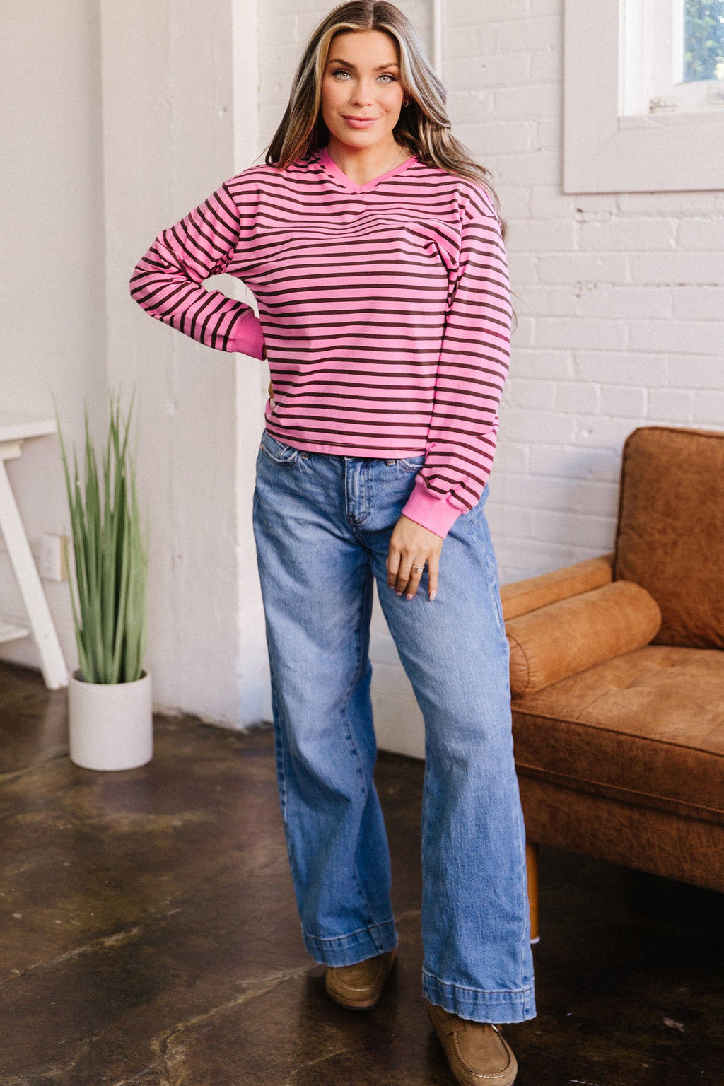 Novalee Stripe Drop Shoulder Long Sleeve Top-Threaded Pear
