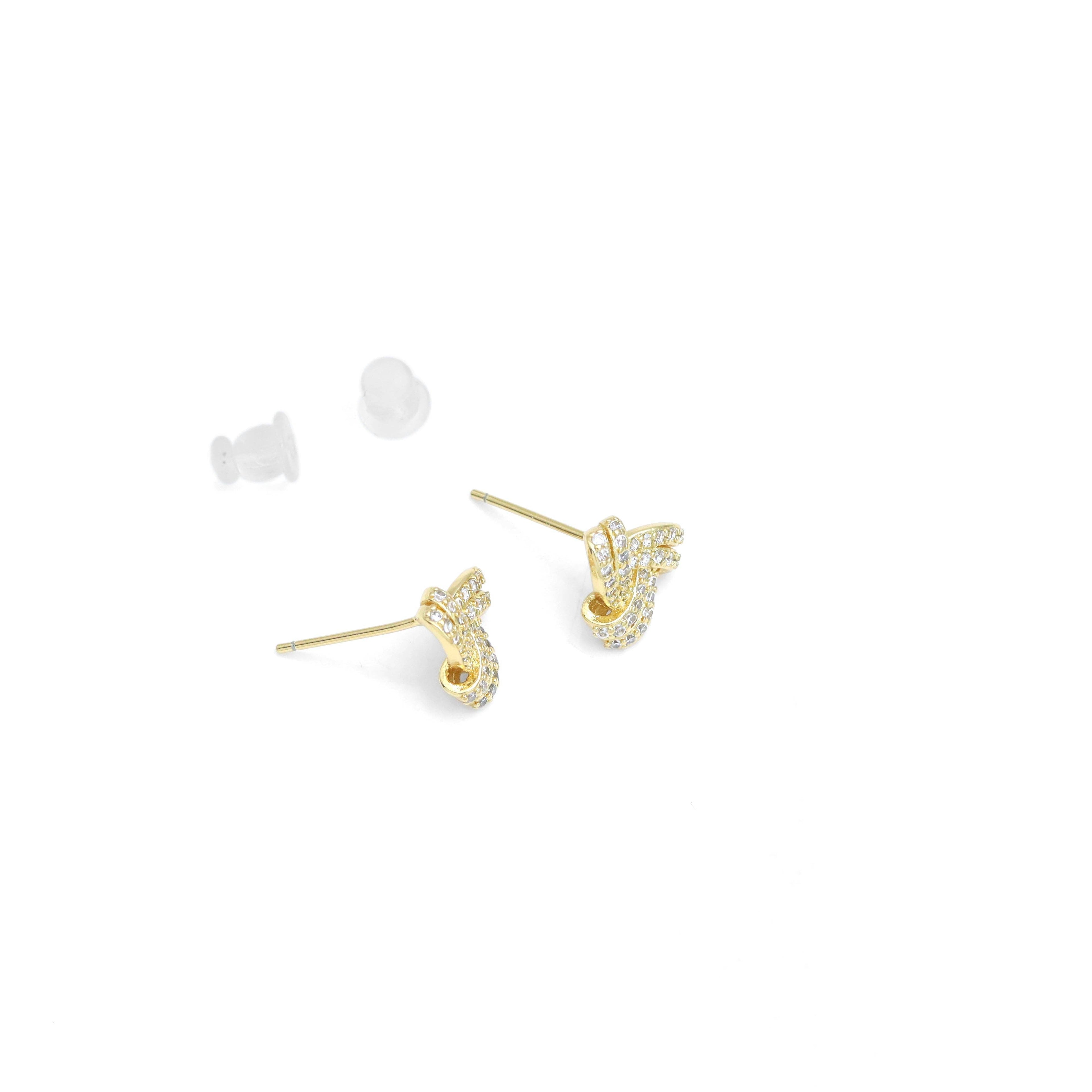 Clear CZ Gold Twisted Knot Stud Earrings, Sku#Y948