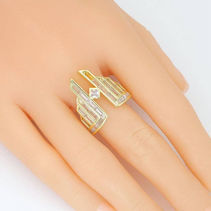 Clear Baguette CZ Warrior Tower Statement Adjustable Ring, Sku#LX673