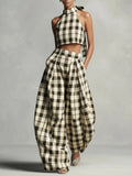 Plaid Halter Neck Crop Top and Wide-Leg Pants Two-Piece Set