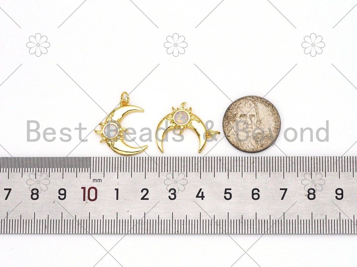 Sun with Opal On Cresent Moon Shape Pendant, 18K Gold Filled Opal Charm, Necklace Bracelet Charm Pendant,19x21mm, Sku#Z1406