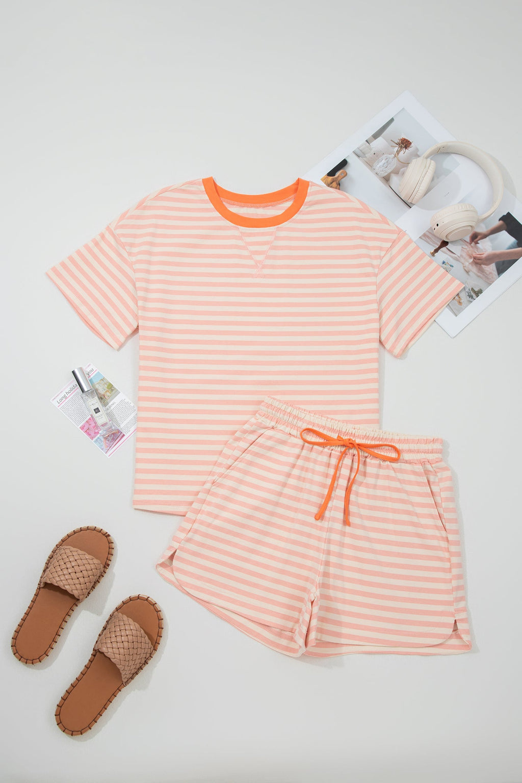 Adelina Stripe Contrast Loose Tee Set-Threaded Pear