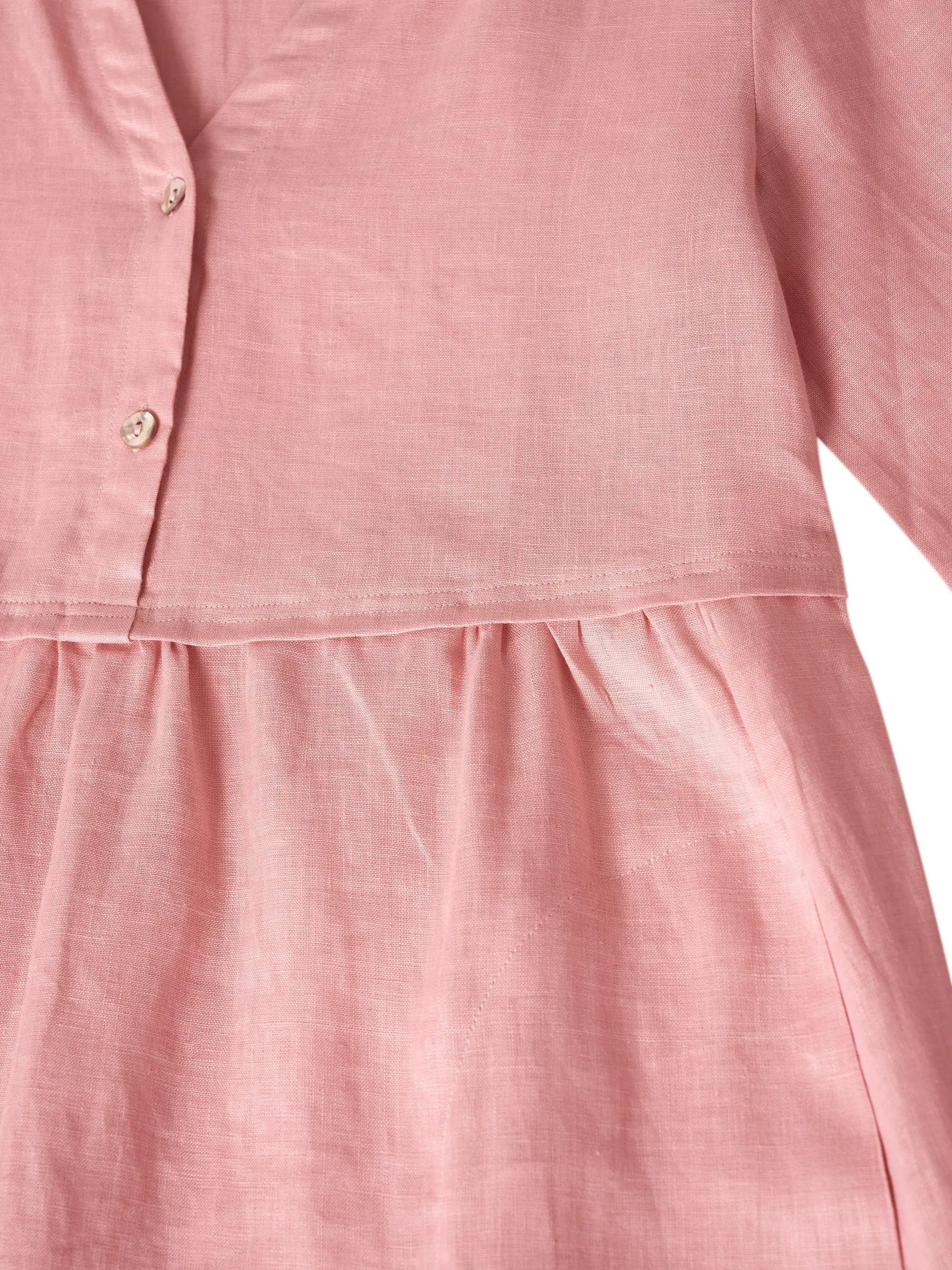 100% Linen Loose Fit Button Waist Gathered Midi Dress LUNA-LINTICO