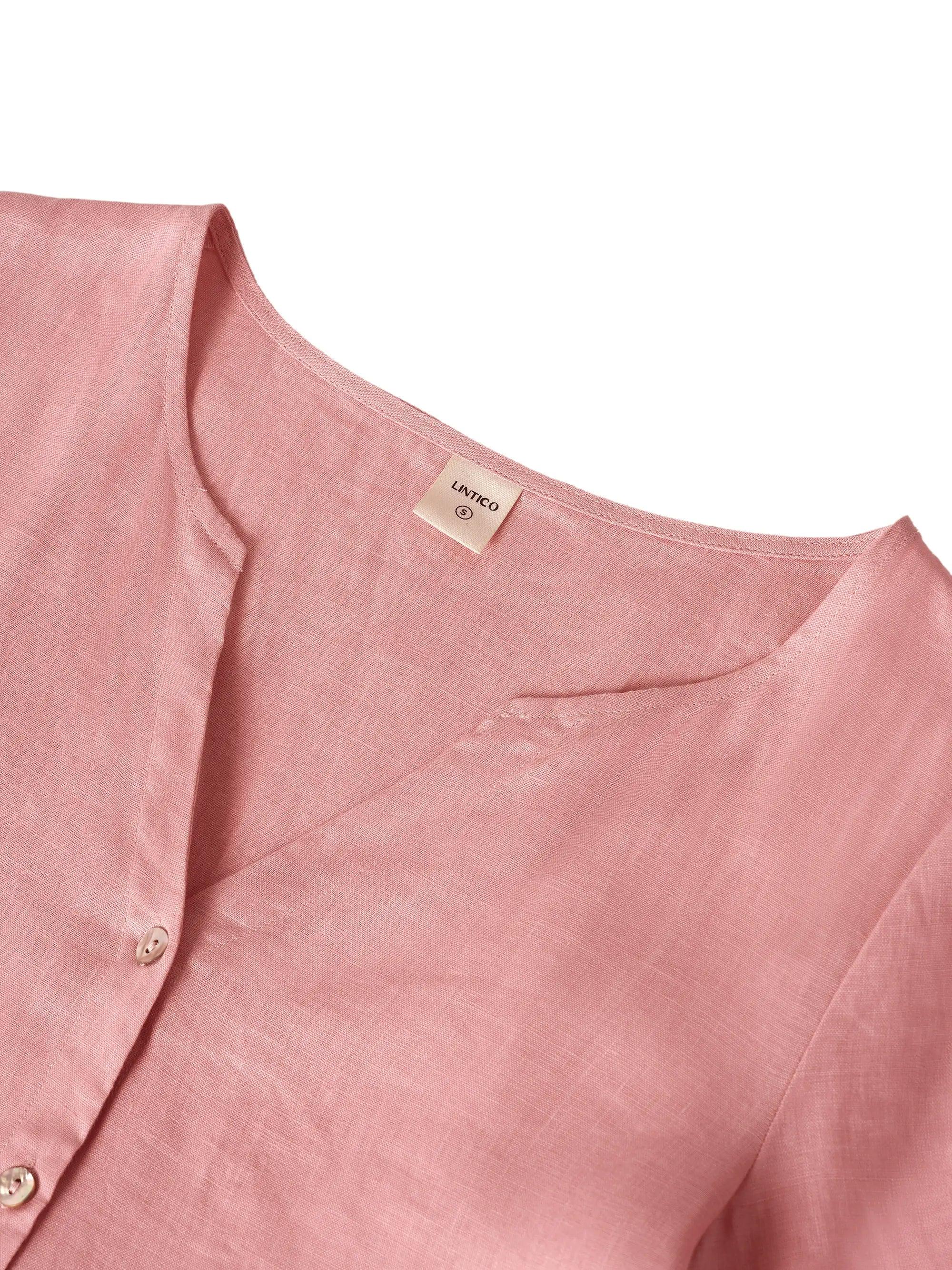 100% Linen Loose Fit Button Waist Gathered Midi Dress LUNA-LINTICO