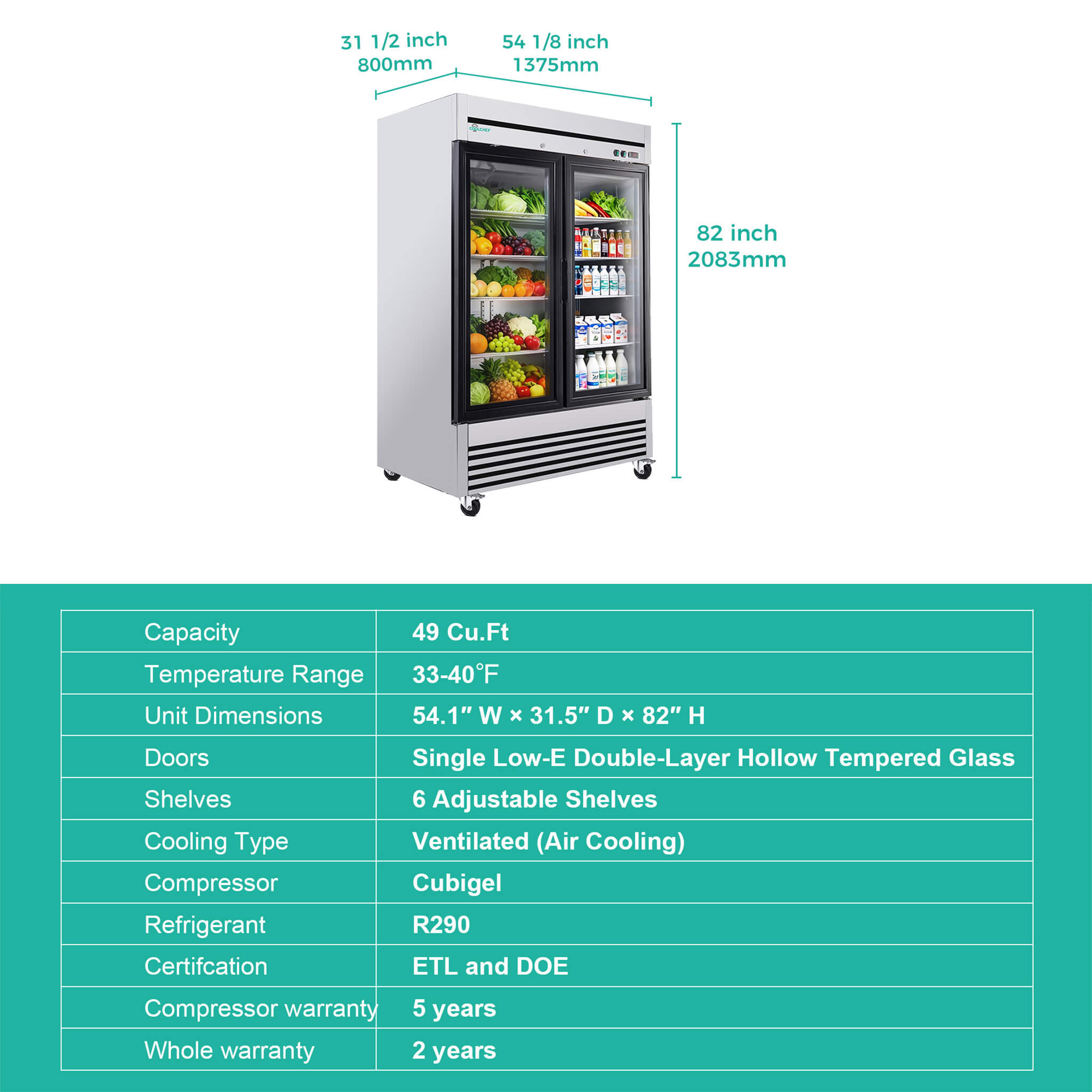 49-Inch Upright Commercial Reach-In Display Refrigerator