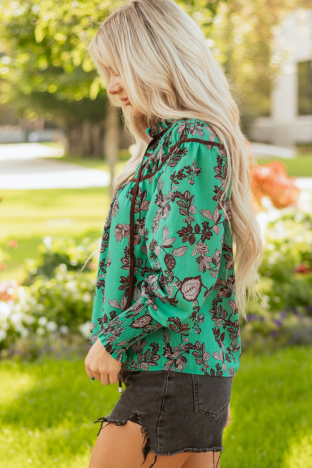 Elouise Shirred Puff Sleeve Blouse-Threaded Pear