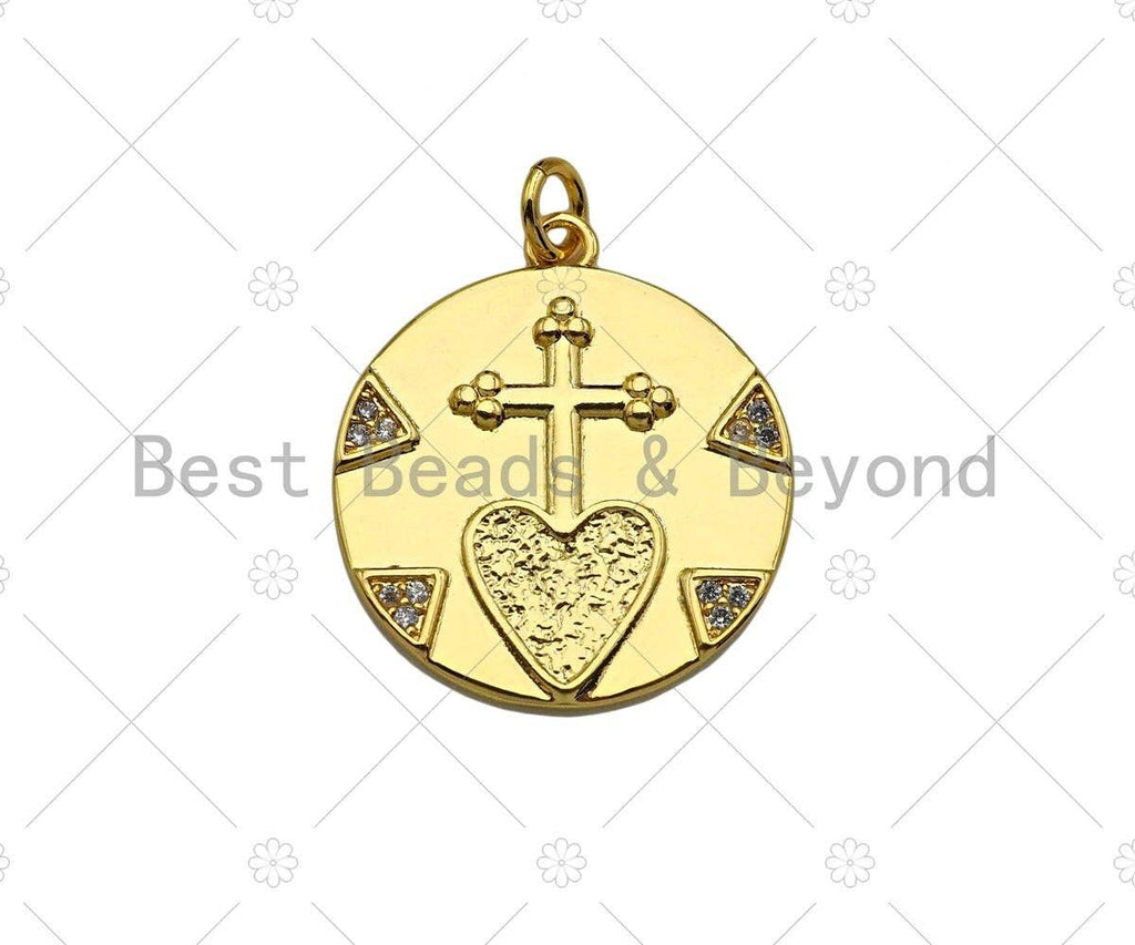 Gold Filled CZ Micro Pave Cross Heart On Round Cion Shape Pendant,18K Gold Filled Medallion Charm, Necklace Bracelet Charm,20x22mm,Sku#Z1334