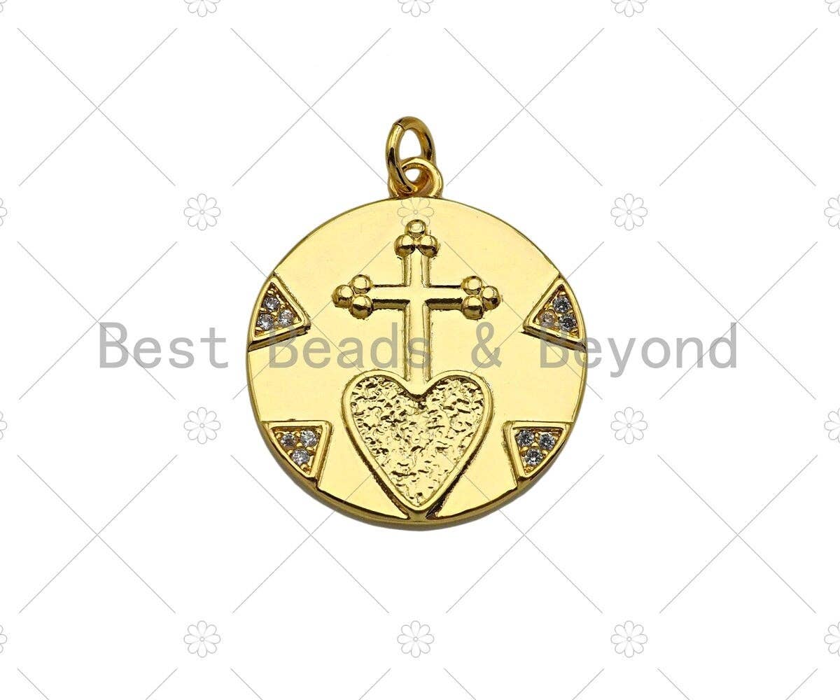 Gold Filled CZ Micro Pave Cross Heart On Round Cion Shape Pendant,18K Gold Filled Medallion Charm, Necklace Bracelet Charm,20x22mm,Sku#Z1334