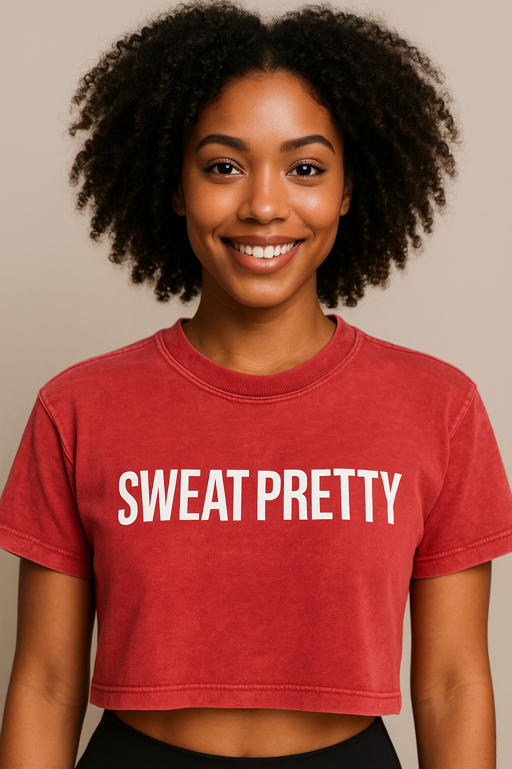 Person wearing a red 'SWEAT PRETTY' t-shirt against a neutral background