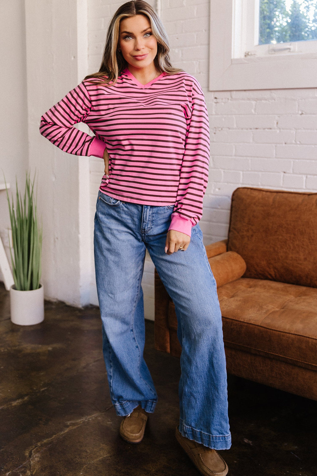Novalee Stripe Drop Shoulder Long Sleeve Top-Threaded Pear