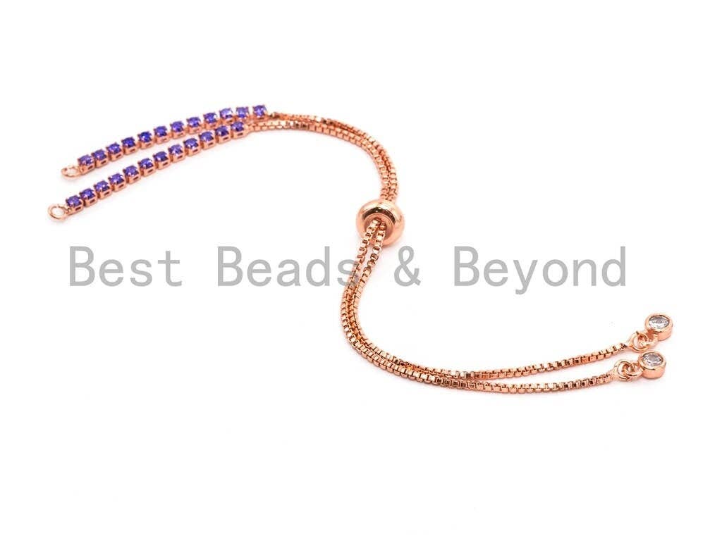Amethyst CZ Stud Sliding adjustable Half finished bracelet, Purple Box chain with rubber stopper beads, connector link findings,sku#E373