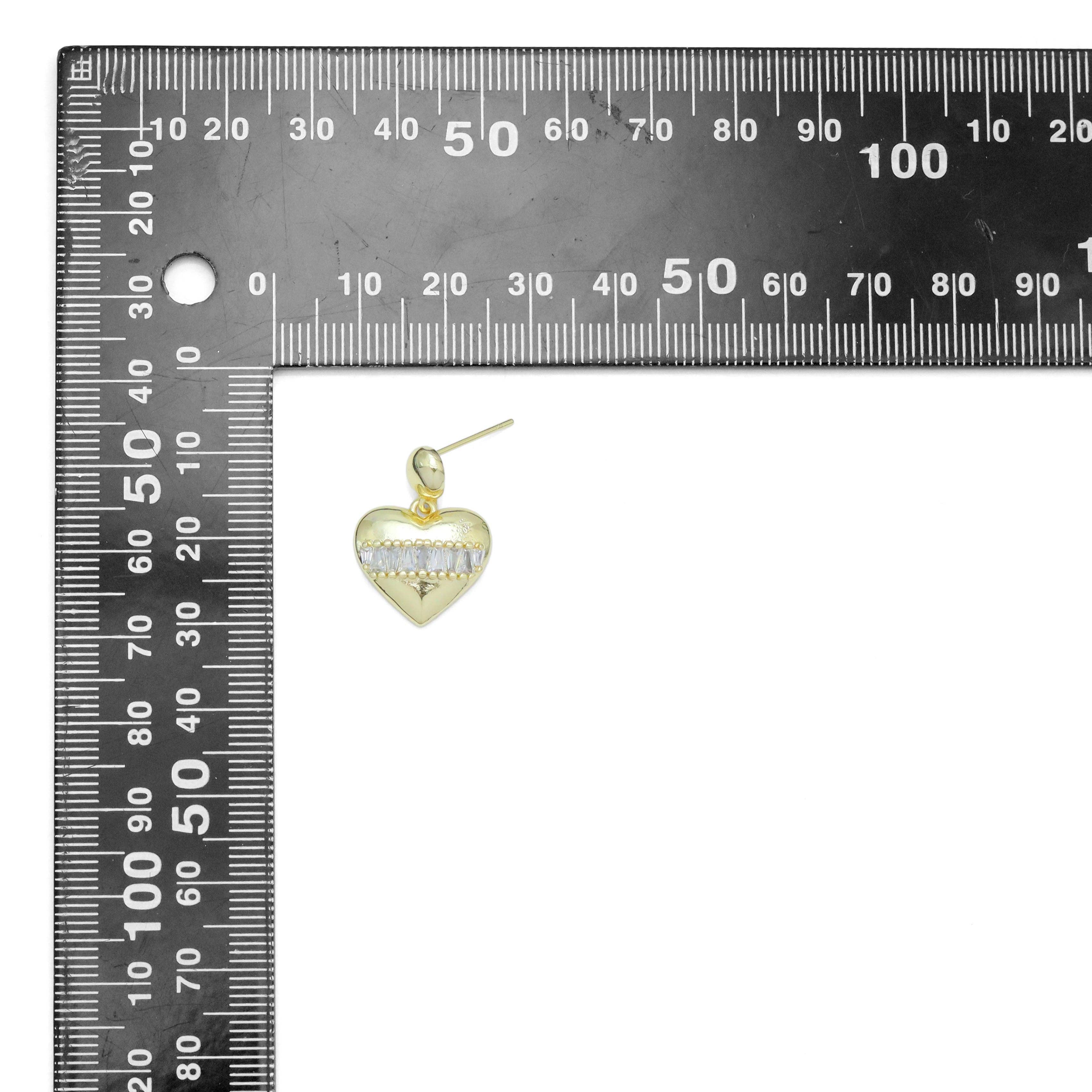 Clear CZ Gold Silver Heart with Baguette CZ line Earrings, Sku#LX669