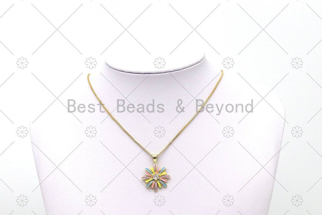 Enamel Colorful Daisy Flower with Big CZ Shape Pendant, 18K Gold Filled Flower Charm, Necklace Bracelet Charm Pendant, Sku#F1447