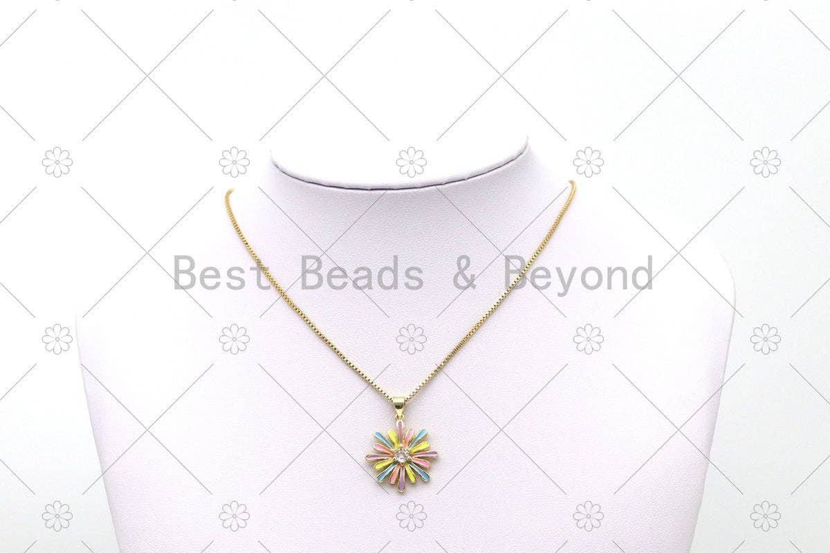 Enamel Colorful Daisy Flower with Big CZ Shape Pendant, 18K Gold Filled Flower Charm, Necklace Bracelet Charm Pendant, Sku#F1447