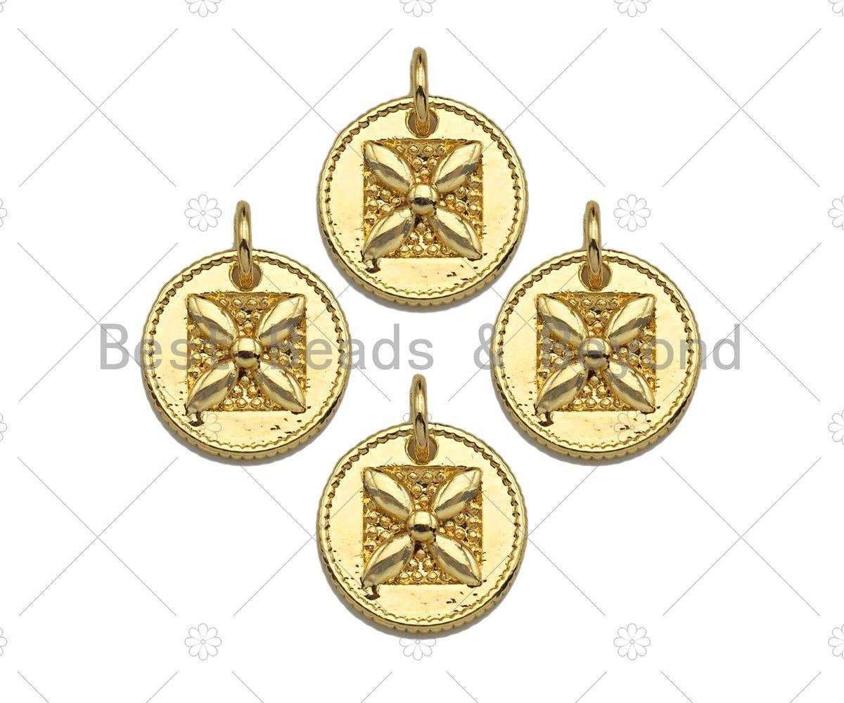18k Shiny Gold Square Flower On Round Coin Charms, Gold Coin Charms, Flower Pendant, Gold Pendant, Round Necklace Charms, 12x12mm, Sku#Y337