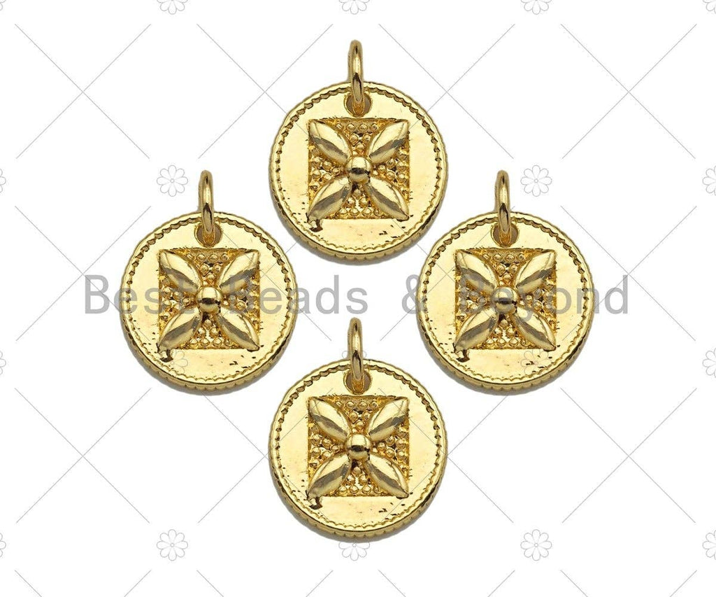 18k Shiny Gold Square Flower On Round Coin Charms, Gold Coin Charms, Flower Pendant, Gold Pendant, Round Necklace Charms, 12x12mm, Sku#Y337
