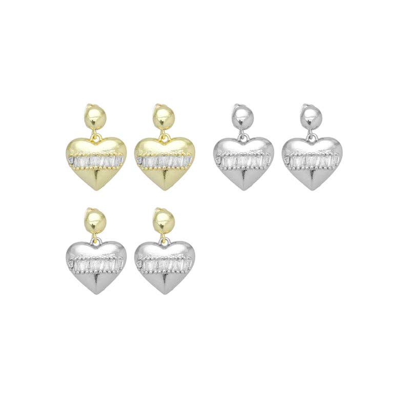 Clear CZ Gold Silver Heart with Baguette CZ line Earrings, Sku#LX669