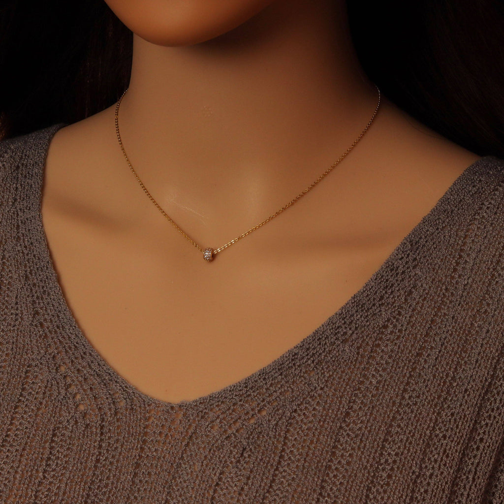 Dainty Gold Silver Chain Oval Spacer CZ Charm Necklace,Sku#EF603