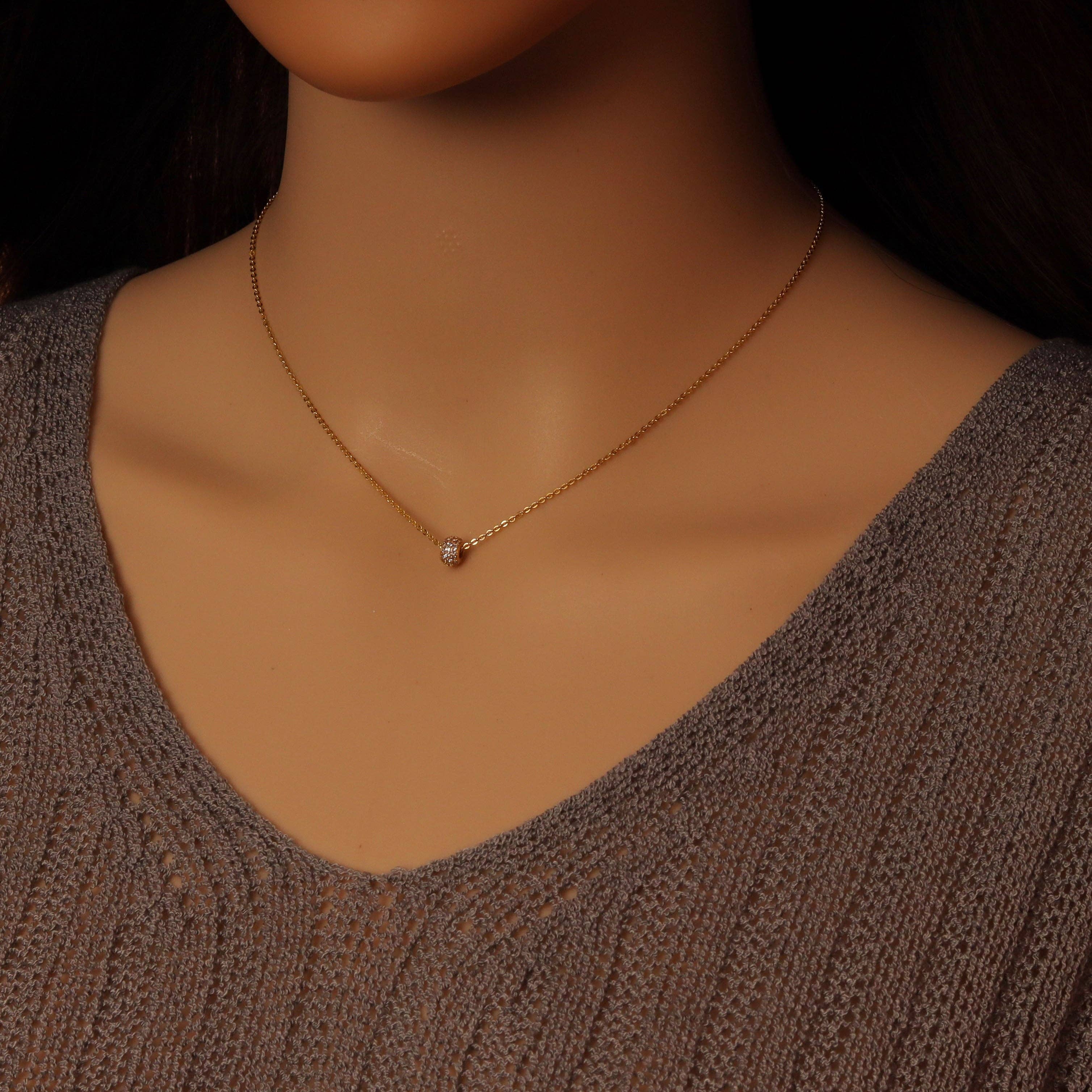 Dainty Gold Silver Chain Oval Spacer CZ Charm Necklace,Sku#EF603