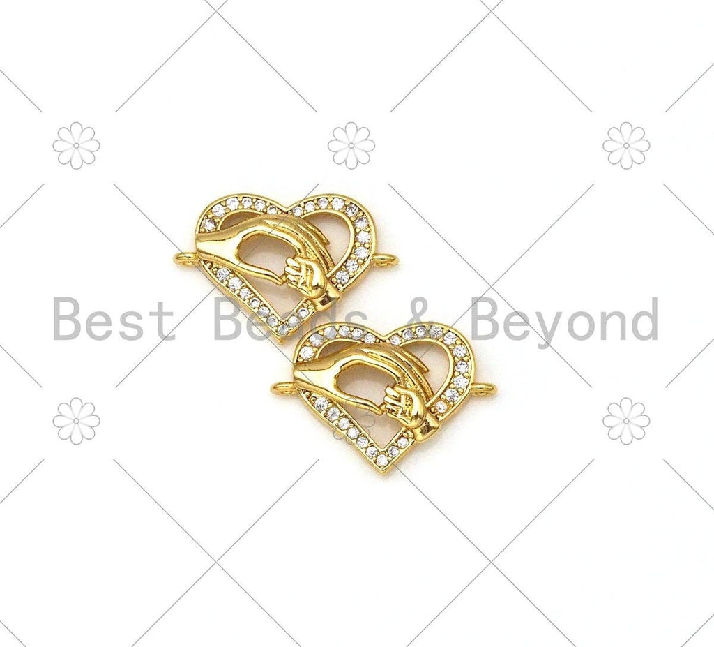 CZ Micro Pave Heart With Mama Holding Baby Hand Shape Connector,18K Gold Filled Charm, Mother's Day Bracelet Connector,13x19mm,Sku#E543