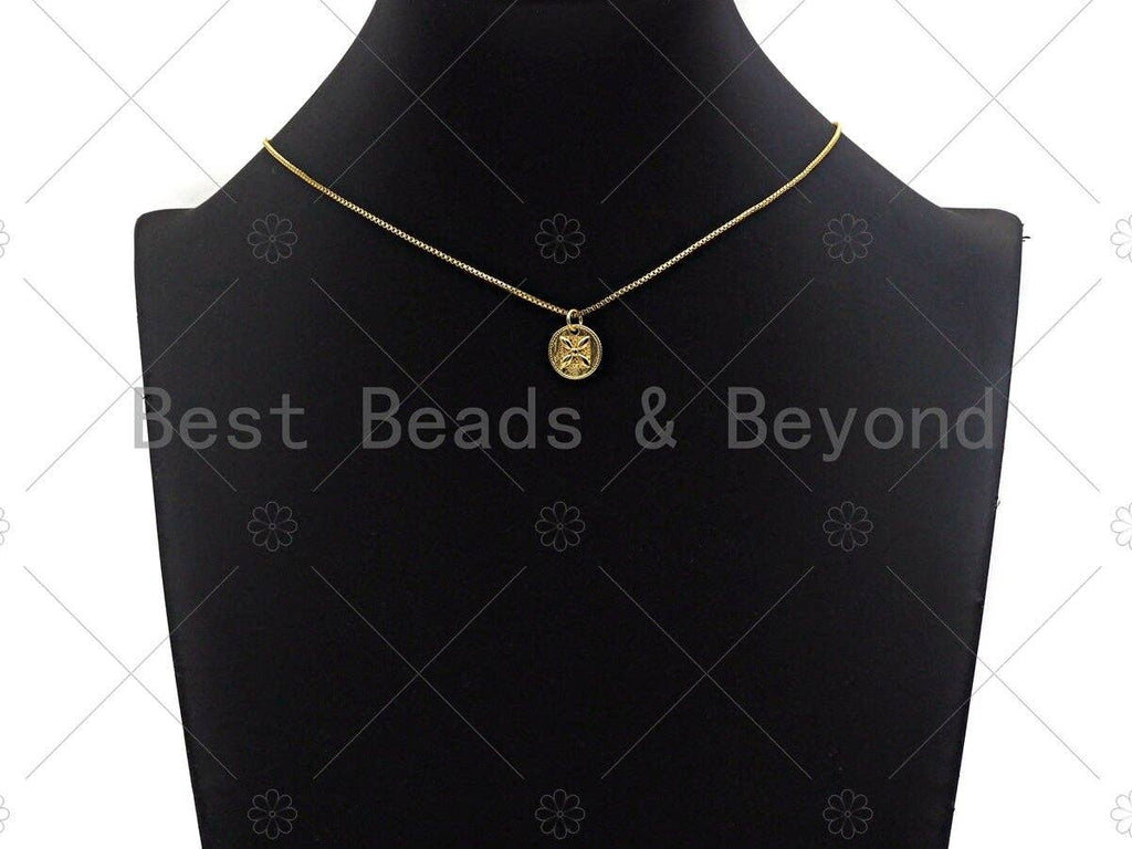 18k Shiny Gold Square Flower On Round Coin Charms, Gold Coin Charms, Flower Pendant, Gold Pendant, Round Necklace Charms, 12x12mm, Sku#Y337