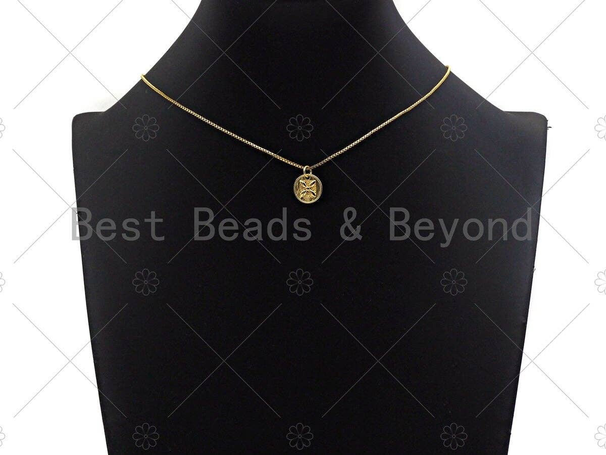 18k Shiny Gold Square Flower On Round Coin Charms, Gold Coin Charms, Flower Pendant, Gold Pendant, Round Necklace Charms, 12x12mm, Sku#Y337