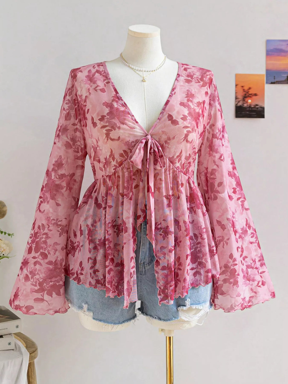 Plus Size Floral Print Chiffon Blouse