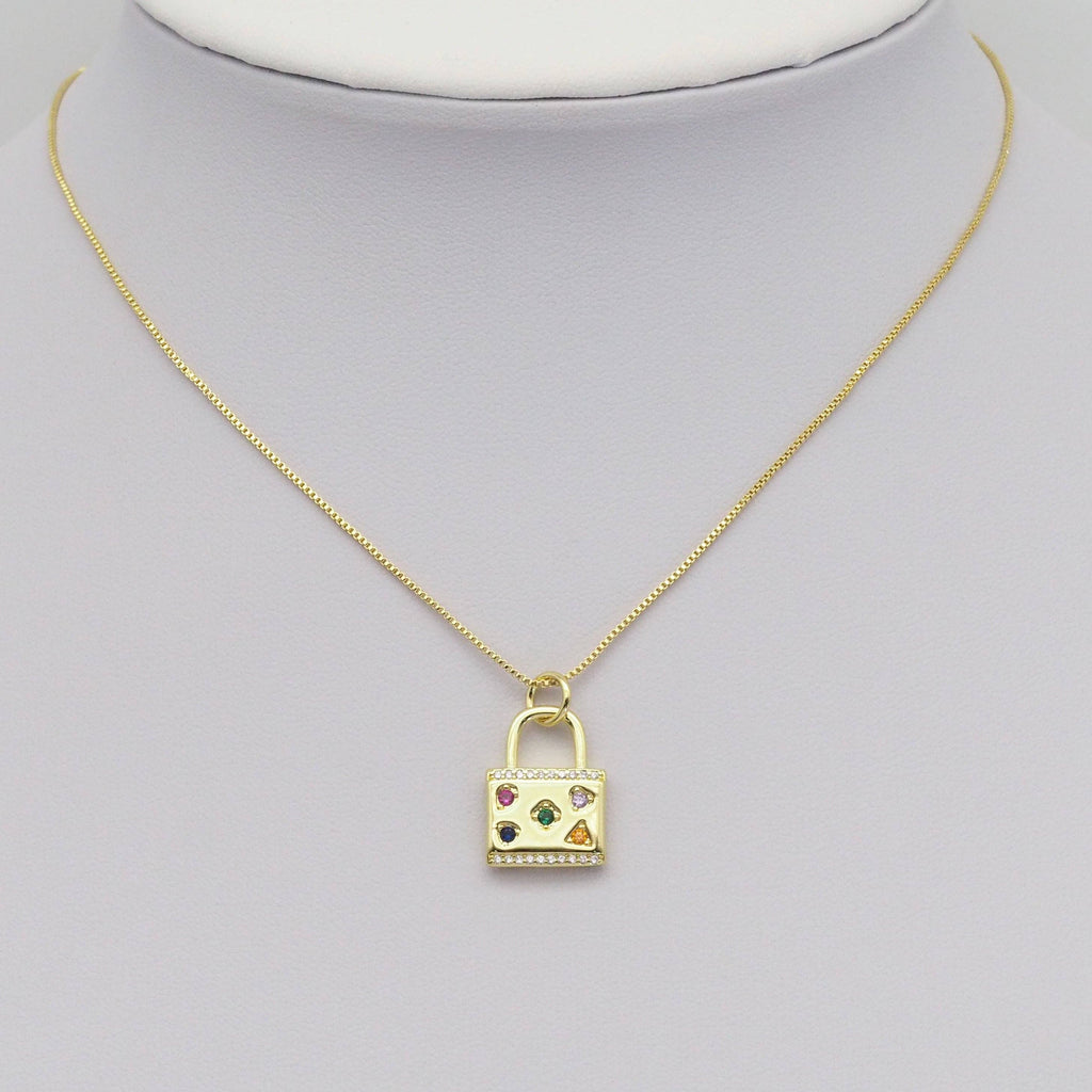 Colorful CZ Gold Lock Charm, Sku#LX365