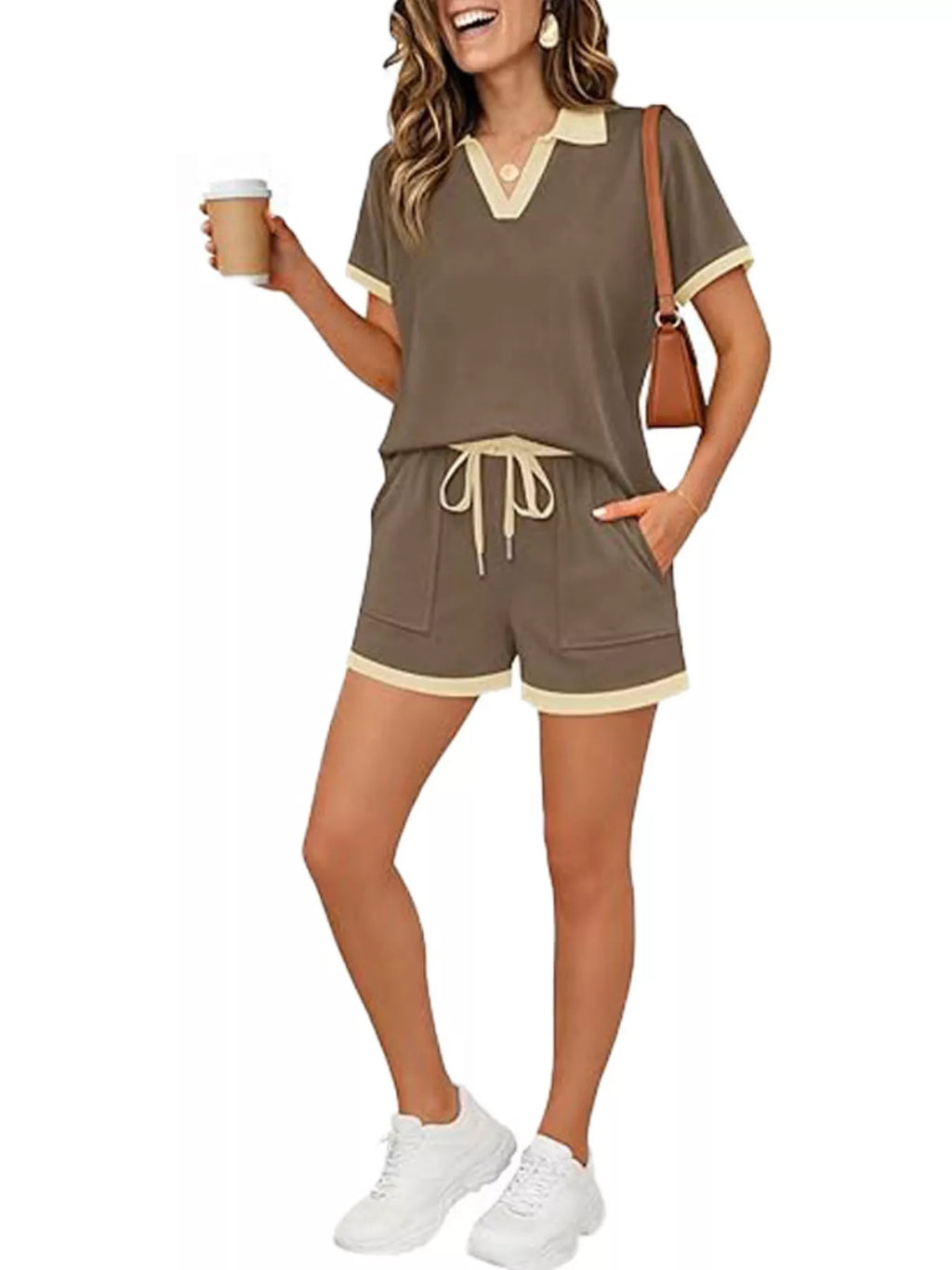Polo Collar Short Sleeve Top and Shorts Set