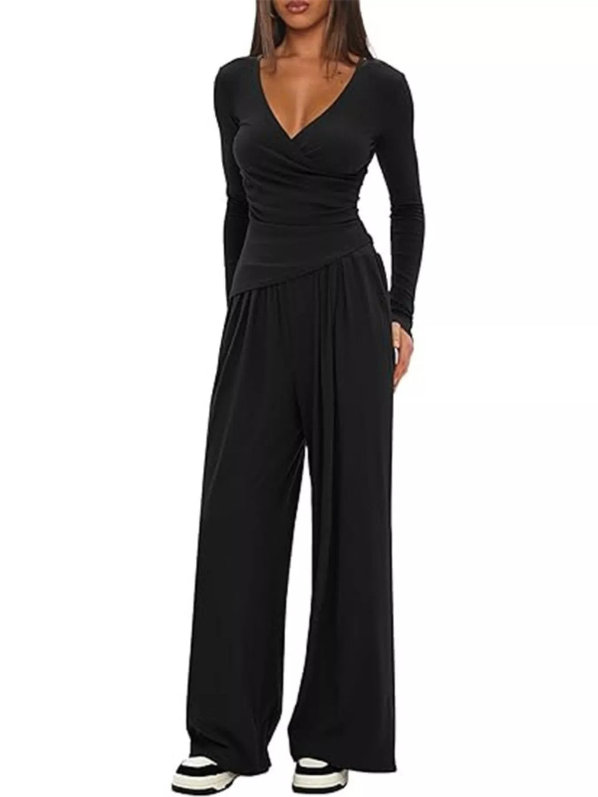 Casual Long Sleeve Top and Wide Leg Pants Set