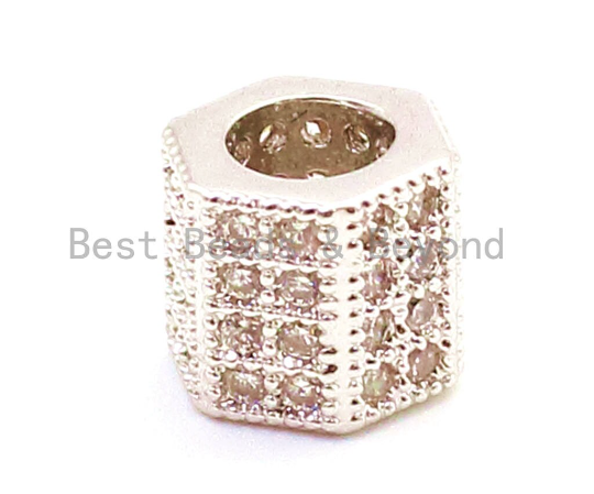CZ Big Hole Six Sided/Hexangular Tube Clear Micro Pave Beads, Cubic Zirconia Spacer Beads, 6x6mm, Sku#G153