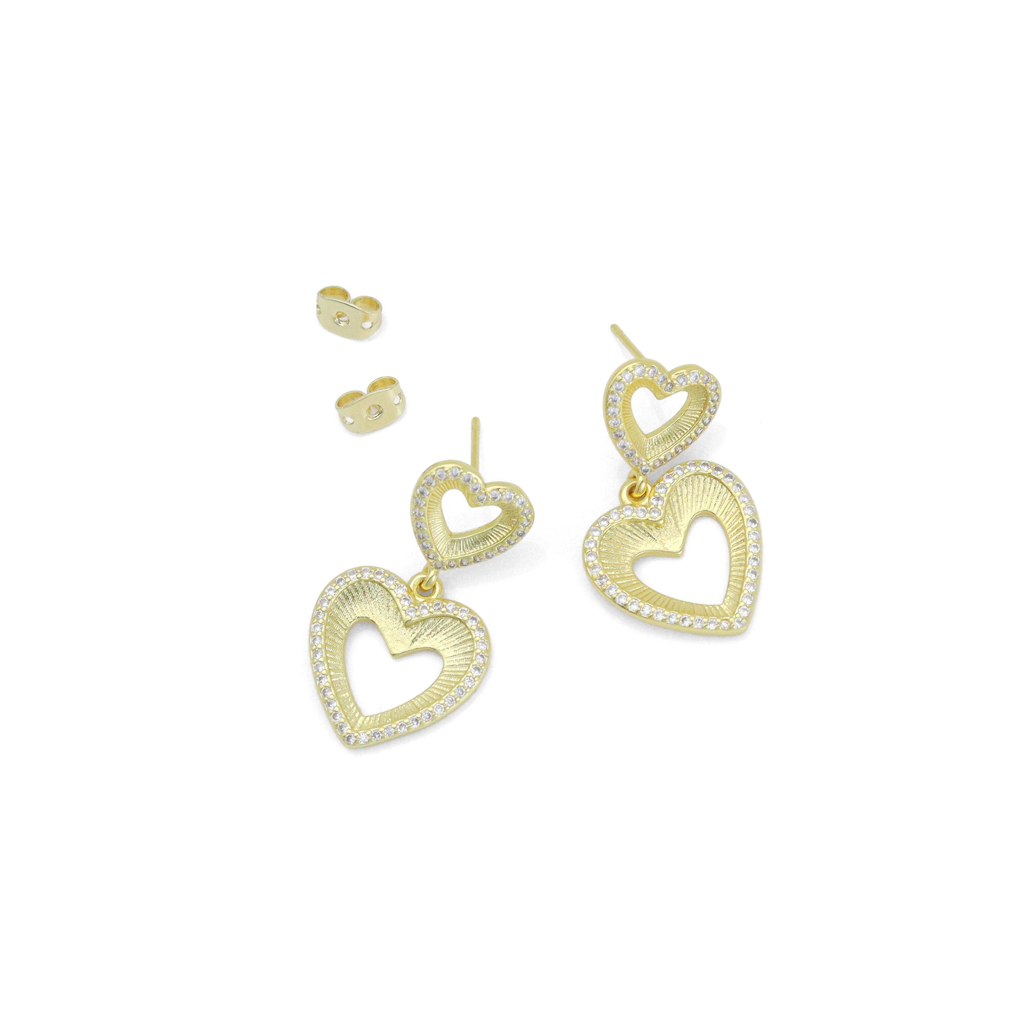 Clear CZ Gold Double open Hearts Stud Earrings, Sku#LX833