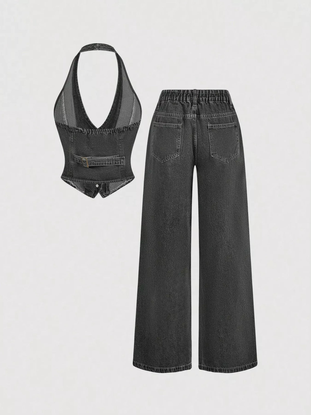Halter Neck Denim Vest and Wide-Leg Jeans Set