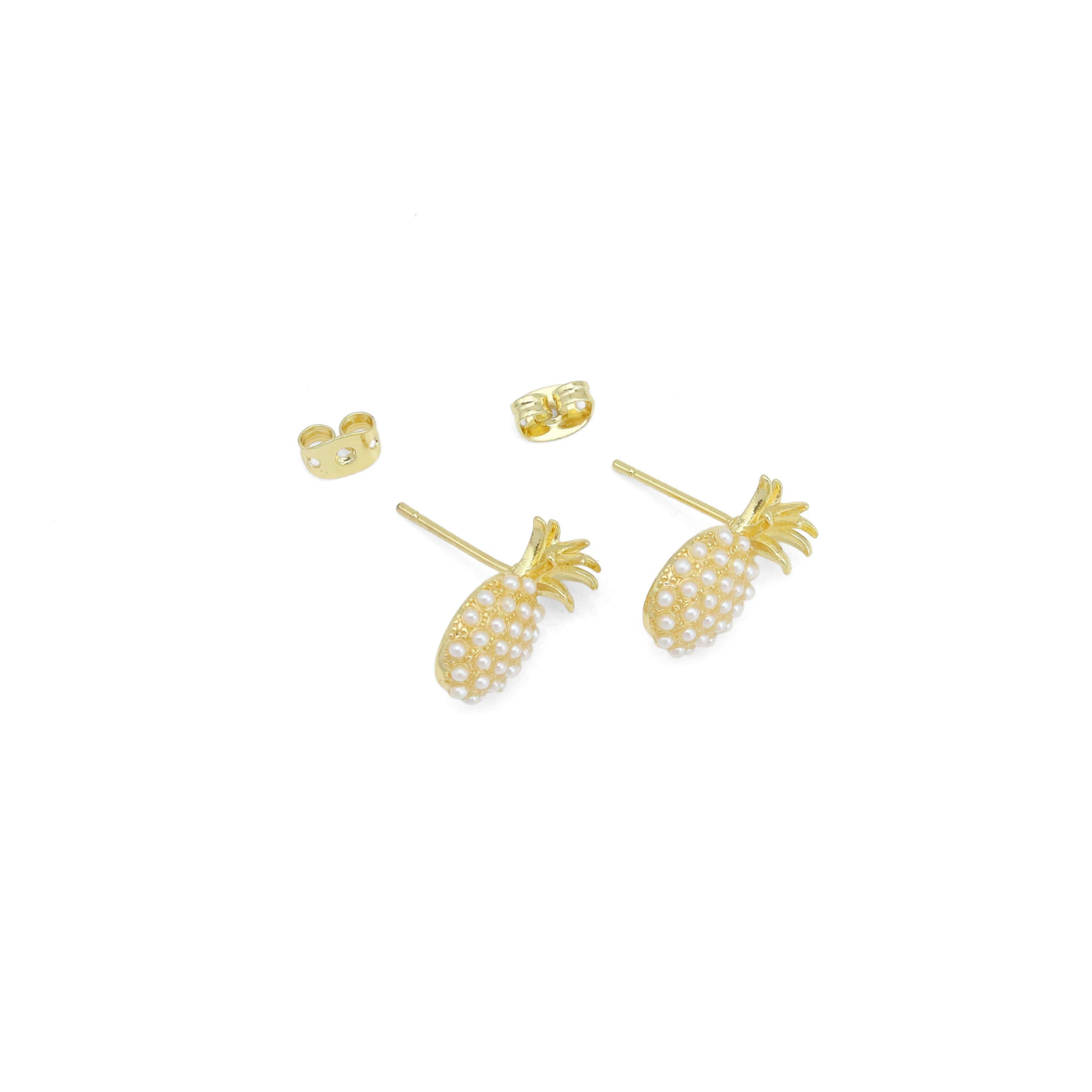 White Pearl Gold Pineapple Shape Stud Earrings, Sku#LX698