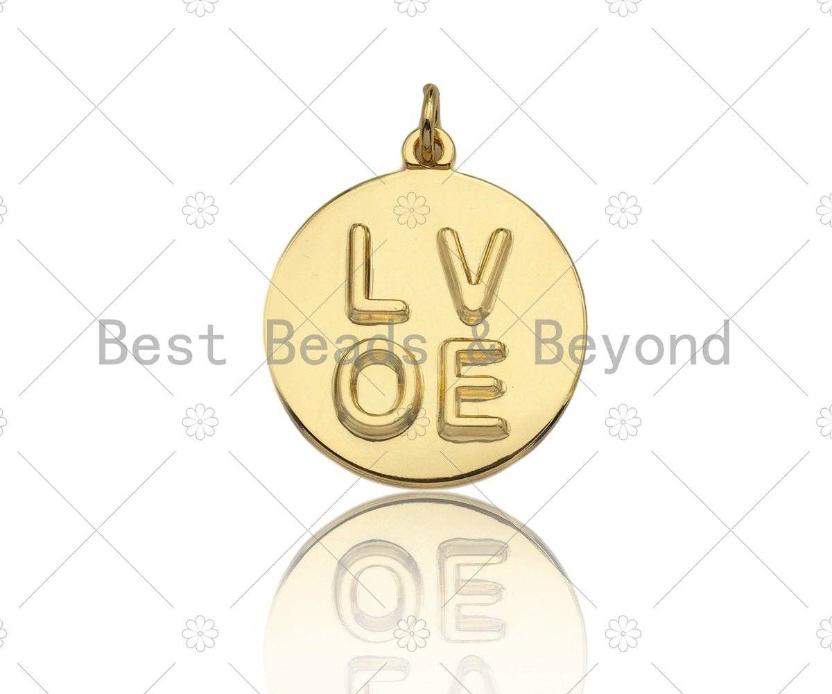 18k Shiny Gold Finish Round LOVE Coin Charms, Embossment LOVE Charms, Round Coin Pendant, Gold Charm, DIY Necklace Charms, 20mm, Sku#Y275