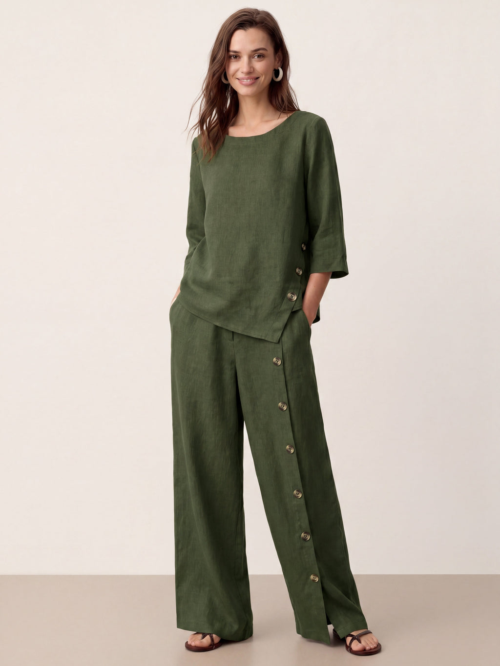 100% Linen Buttoned Slit-Hem Pants KATYA-LINTICO