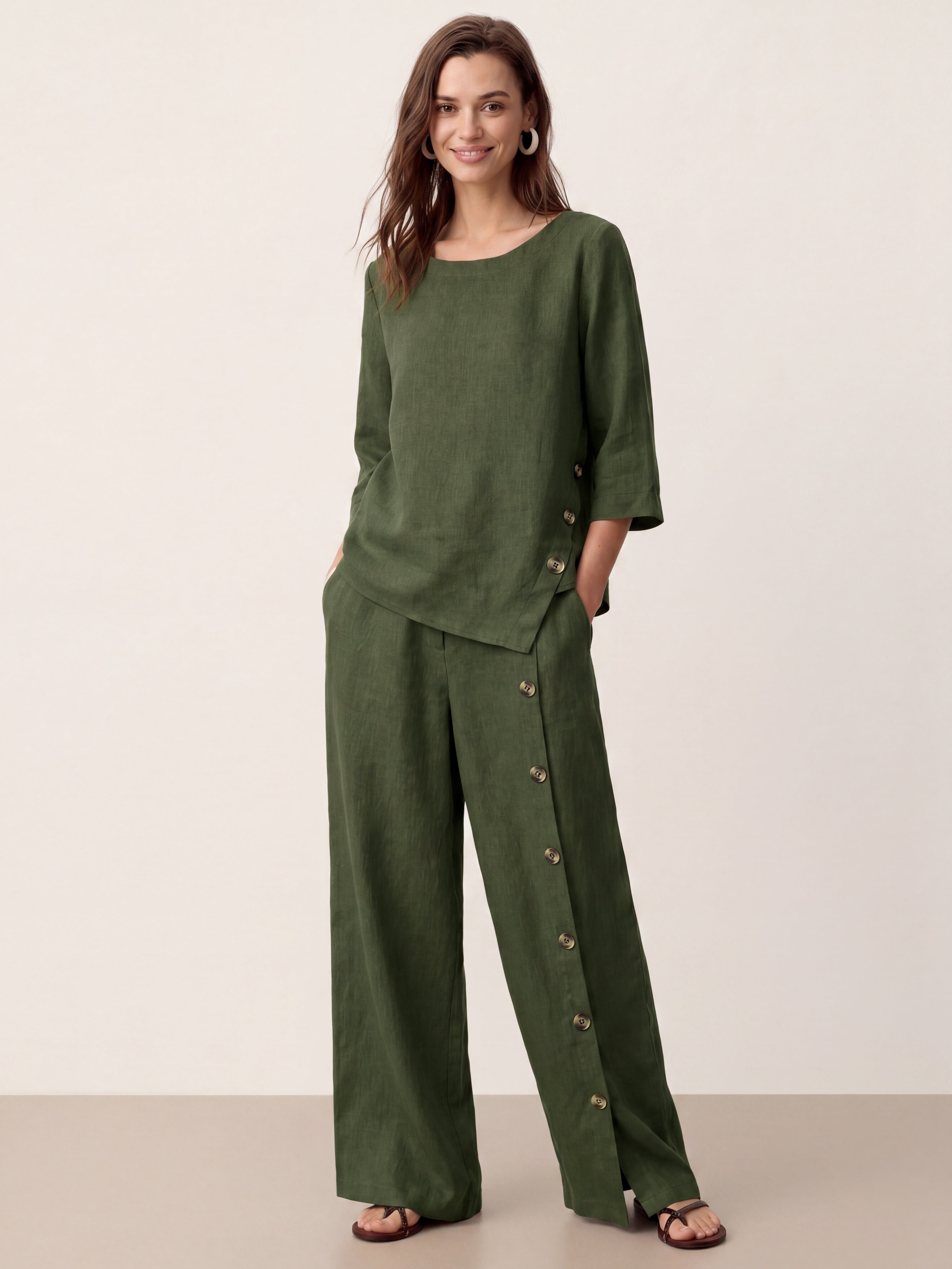 100% Linen Buttoned Slit-Hem Pants KATYA-LINTICO