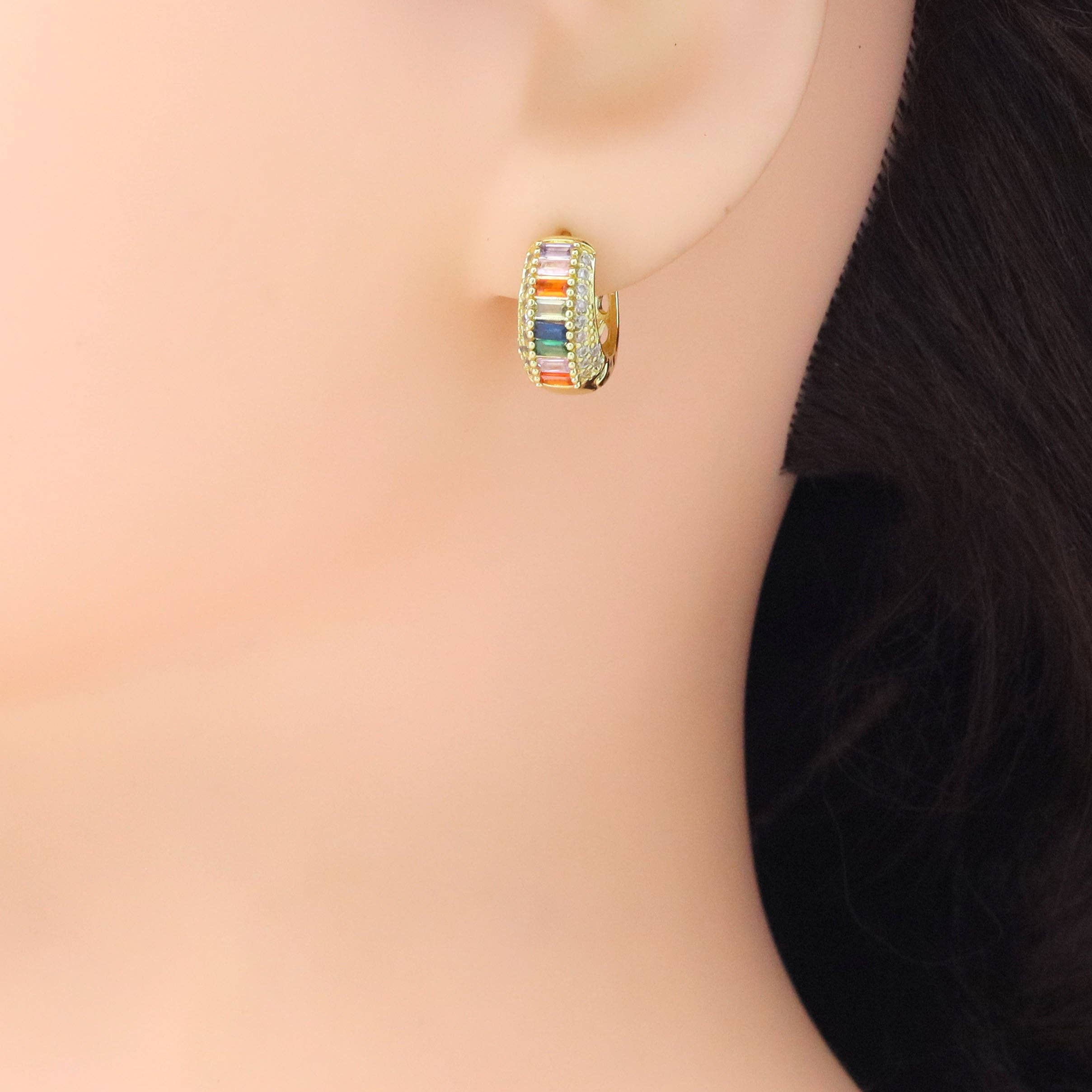 Colorful Baguette CZ Thick Band Hoop Earrings, Sku#LX674