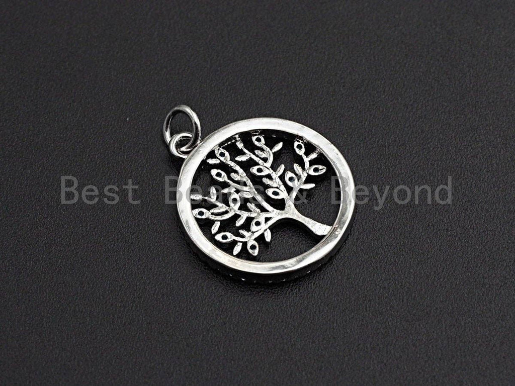 Turquoise CZ Micro Pave Hollow out Tree Round Pendant/Charm, Tree Cubic Zirconia Pendant, Silver/Gold Tone,18x21mm,Sku#Z495