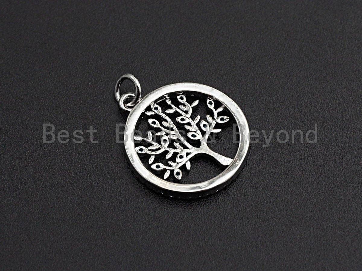 Turquoise CZ Micro Pave Hollow out Tree Round Pendant/Charm, Tree Cubic Zirconia Pendant, Silver/Gold Tone,18x21mm,Sku#Z495